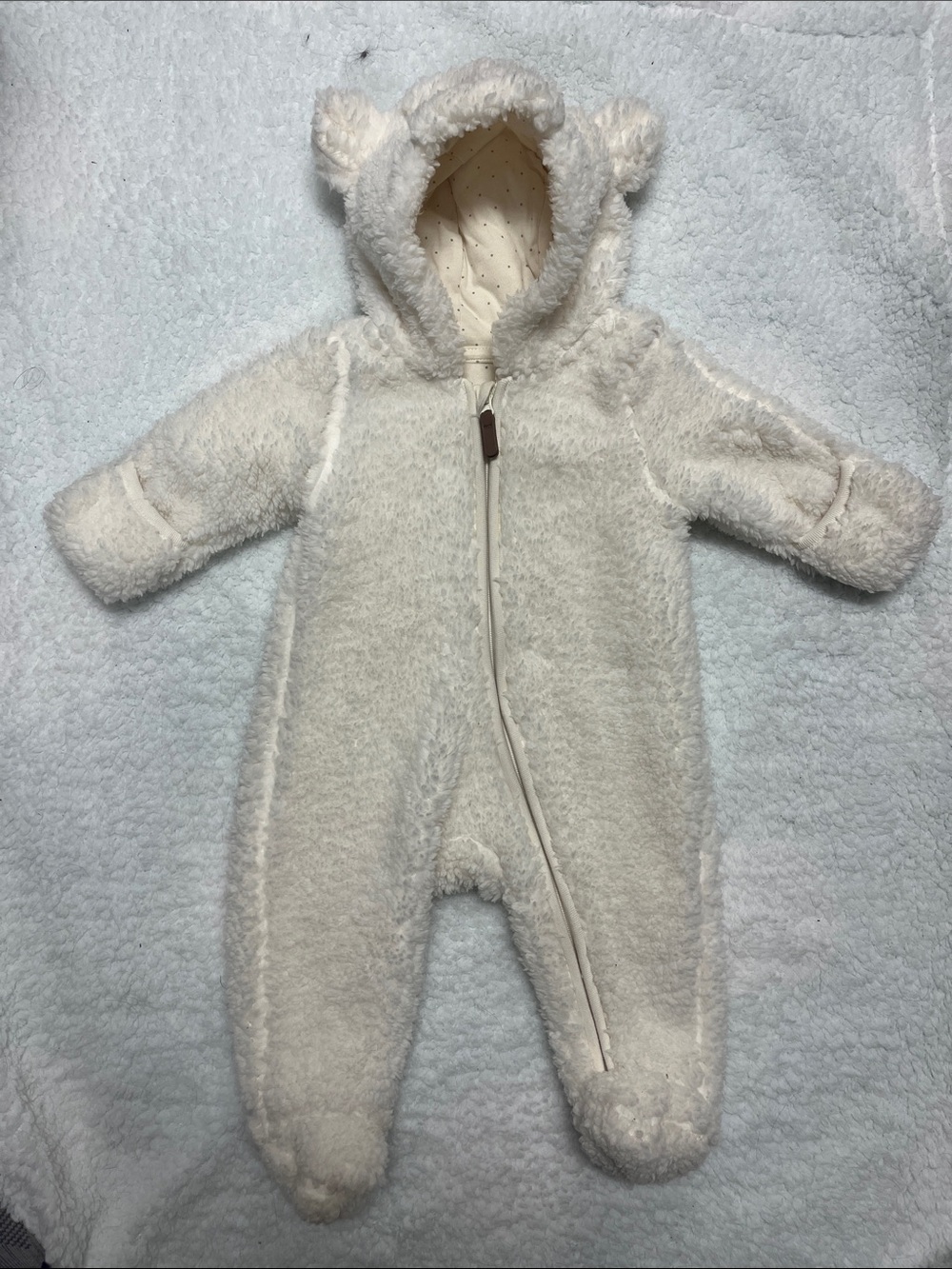 H&M Neutral Plush Cream Hooded Baby One-Piece Bunting Suit